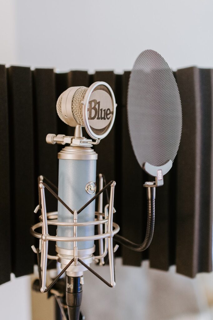 a blue mic stand